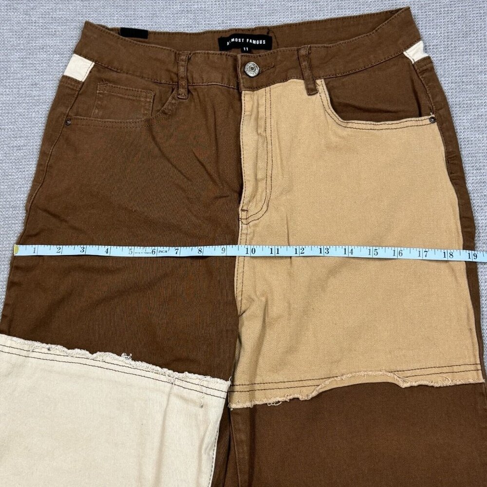 Almost Famous Patchwork Denim Jeans Womens Size 11 Brown Tan Raw Edge High Rise - Picture 10 of 14